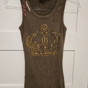 IDI Brown Tank with Gold Crown Design Euro Y2K